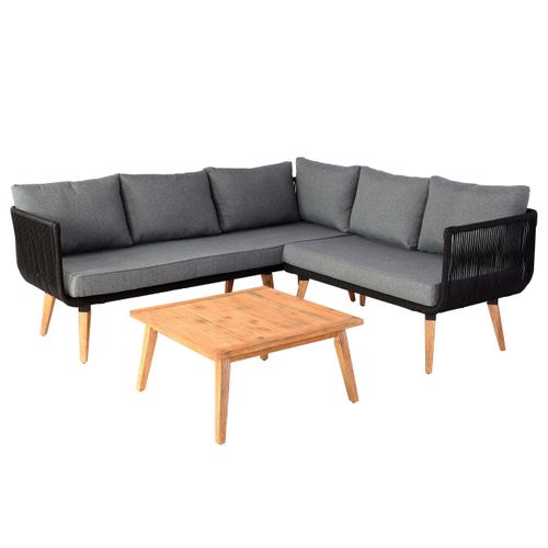 Salon De Jardin Canapé Et Table Cadre En Bois D'acacia Et Acier Coussins Gris Foncé Corde En Maille