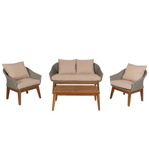 Salon De Jardin Canapé Fauteuils Et Table En Poly Rotin Et Bois D'acacia Avec Coussins Beige 04_00