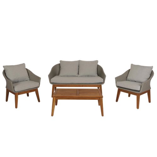 Salon De Jardin Canapé Fauteuils Et Table En Poly Rotin Et Bois D'acacia Avec Coussins Gris 04_000