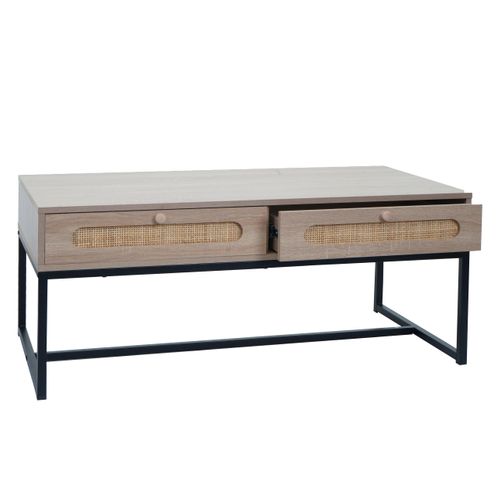 Table Basse Table D'appoint Avec Deux Tiroirs Kubu Rotin Bois Mélamine Aspect Chêne 04_0008450