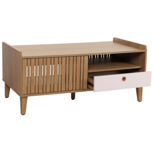 Table Basse 2 Compartiments De Rangement Et 1 Tiroir En Bois De Manguier 52x114x59 Cm Tiroir Blanc
