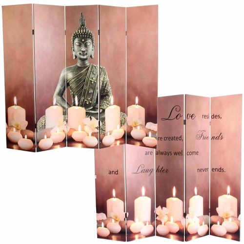 Paravent 5 Panneaux Avec LED Design Bouddha Cloison Séparateur De Pièce Avec Minuterie 180x200 Cm