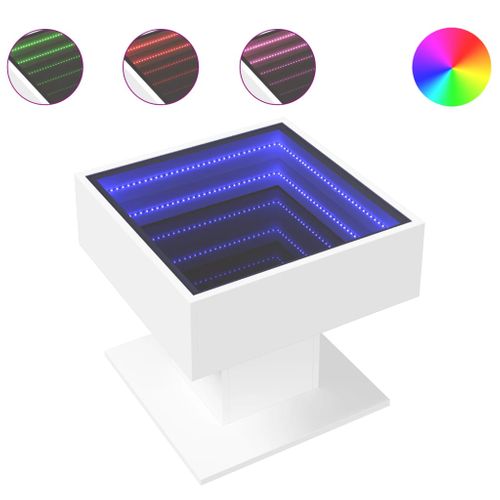 Table Basse De Salon Design Moderne Avec LED 50 X 50 X 45 Cm Bois D'ingénierie Blanc Et Verre Dec0