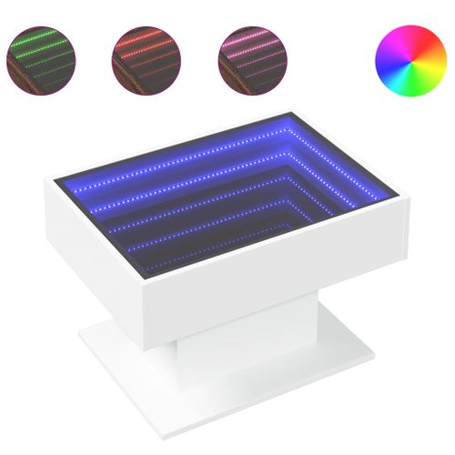 Table Basse De Salon Design Moderne Avec LED 70 X 50 X 45 Cm Bois D'ingénierie Blanc Et Verre Dec0