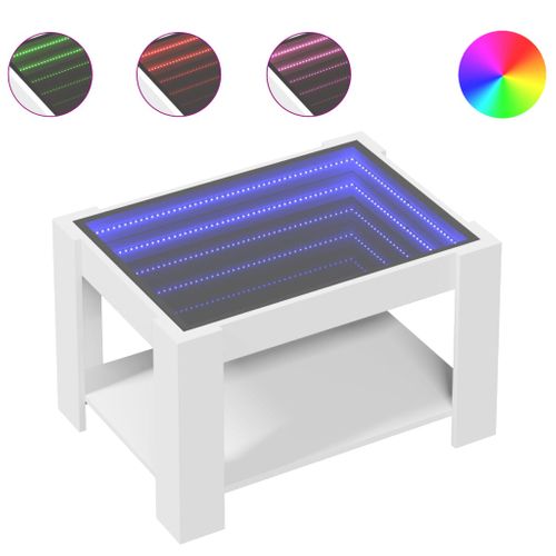 Table Basse De Salon Design Moderne Avec LED 73 X 53 X 45 Cm Bois D'ingénierie Blanc Et Verre Dec0