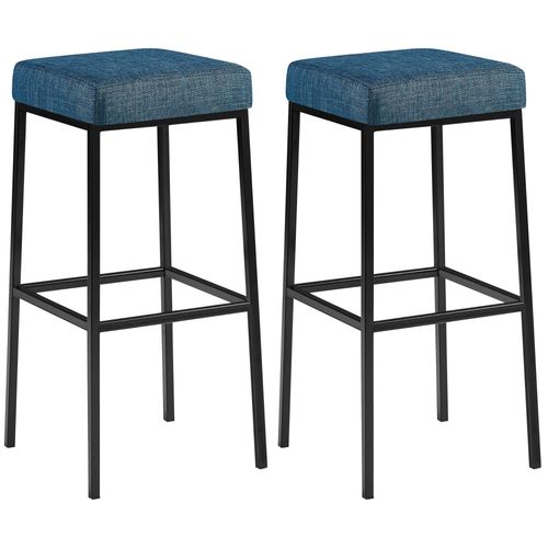 Lot De 2 Tabourets De Bar Avec Repose-pieds Assises Carrées Hauteur 80 Cm En Tissu Bleu Et Métal