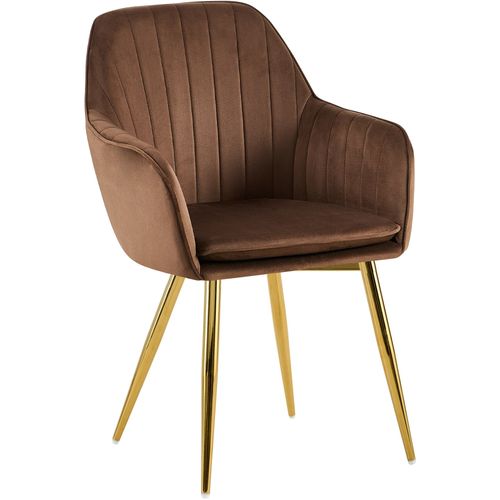 Fauteuil Élégant En Velours Marron Avec Coutures Verticales Et Pieds Métal Dorés 10_0007588