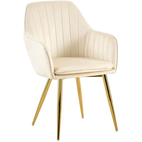 Fauteuil Élégant En Velours Crème Avec Coutures Verticales Et Pieds Métal Dorés 10_0007686