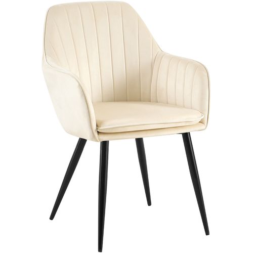 Fauteuil Élégant En Velours Crème Avec Coutures Verticales Et Pieds Métal Noir 10_0007697