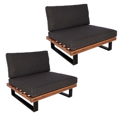 Lot De 2 Fauteuils Lounge Bas Avec Coussins Épais Gris Foncé En Aluminium Et Bois D’acacia Marron