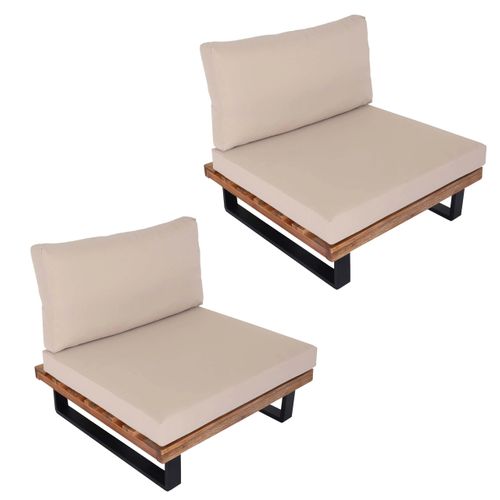 Lot De 2 Fauteuils Lounge Bas Avec Coussins Épais Crème En Aluminium Et Bois D’acacia Marron