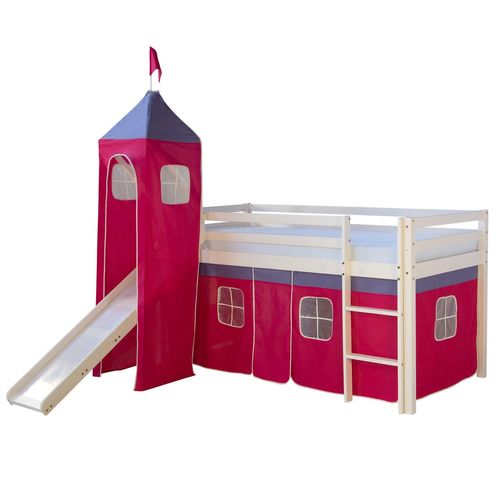 Lit Mezzanine 90x200cm Avec Échelle Toboggan En Bois Blanc Et Toile Rouge Incluse Lit06151