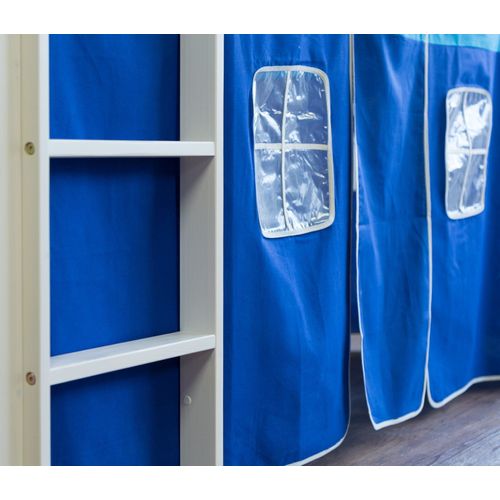 Lit Mezzanine 90x200cm Avec Échelle Toboggan En Bois Blanc Et Toile Bleu Incluse Lit06152