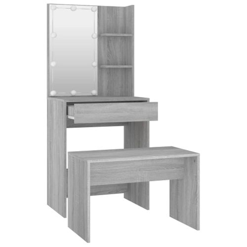 Ensemble De Coiffeuse Tabouret Avec LED 60 X 40 X 140 Cm Bois D'ingénierie Gris 02_00