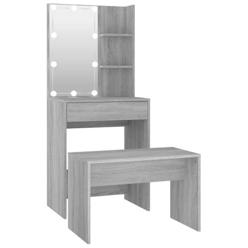 Ensemble De Coiffeuse Tabouret Avec LED 60 X 40 X 140 Cm Bois D'ingénierie Gris 02_00