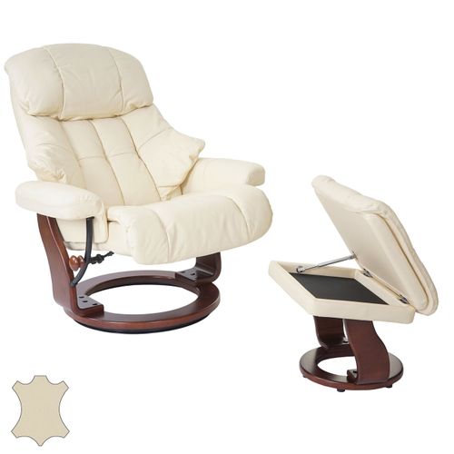 Fauteuil De Relaxation TV Repose-pieds Avec Compartiment Rangement En Cuir Véritable Crème 04_0003
