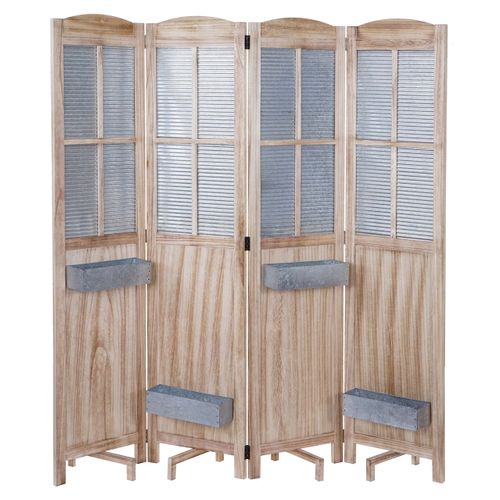 Paravent 4 Panneaux Avec 4 Jardinières Amovibles Séparateur De Pièce Cloison De Séparation En Bois