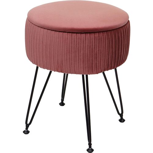 Tabouret Avec Compartiment De Rangement Ø 33cm Aspect Velours Rose Cadre Noir Tabo04016