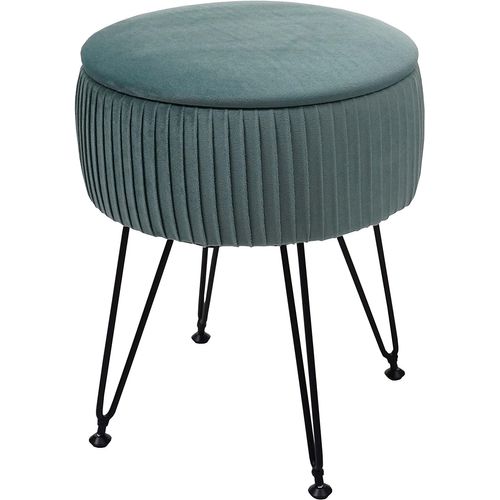 Tabouret Avec Compartiment De Rangement Ø 33cm Aspect Velours Vert Clair Cadre Noir Tabo04015