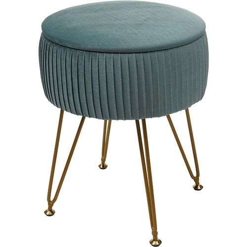 Tabouret Avec Compartiment De Rangement Ø 33cm Aspect Velours Vert Clair Cadre Doré Tabo04014