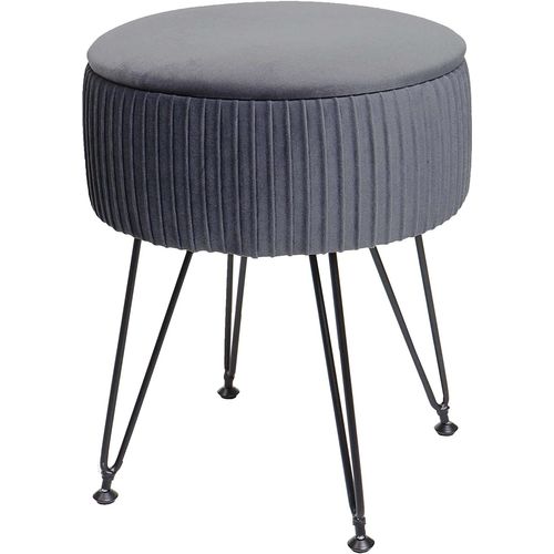 Tabouret Avec Compartiment De Rangement Ø 33cm Aspect Velours Gris Clair Cadre Noir Tabo04013