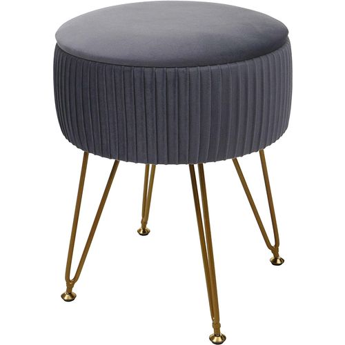 Tabouret Avec Compartiment De Rangement Ø 33cm Aspect Velours Gris Clair Cadre Or Tabo04012