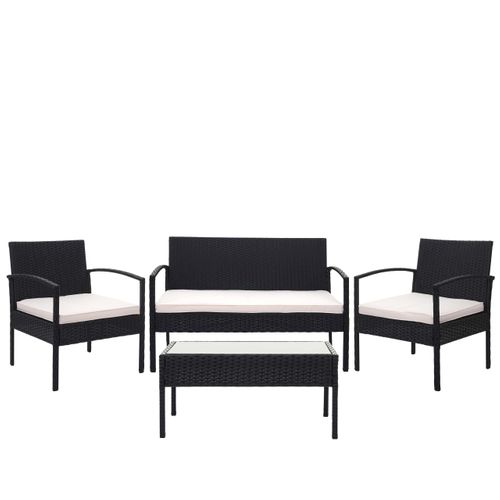 Ensemble Pour Extérieur Balcon/jardin/salon En Polyrotin Noir Coussin Crème 04_0003247