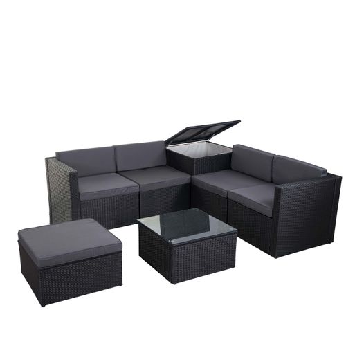 Salon De Jardin Fauteuil Table Coffre Pouf En Poly-rotin Pour Balcon Jardin Anthracite Coussin Gris