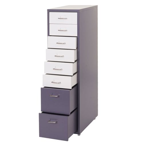 Caisson à Tiroirs Sur Roulettes Rangement Bureau 8 Tiroirs 110x28x41cm En Acier Gris Foncé Blanc-n