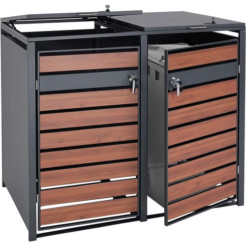 Abri De Poubelle En Métal Pour Deux Poubelles De 80 à 240 Litres Anthracite Aspect Bois De Cerisie