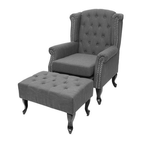 Fauteuil De Relaxation Chesterfield En Tissu Hydrofuge Gris Foncé Avec Repose-pieds 04_0003087