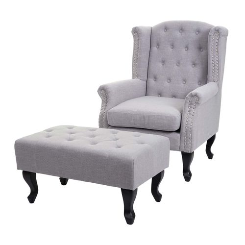 Fauteuil Chesterfield Relaxation Fauteuil Club En Tissu/textile Gris Avec Repose-pieds 04_0003082