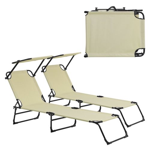 Lot De 2 Transats Pliable Avec Toiture Pare Soleil De Relax Acier 190 Cm Crème 03_000