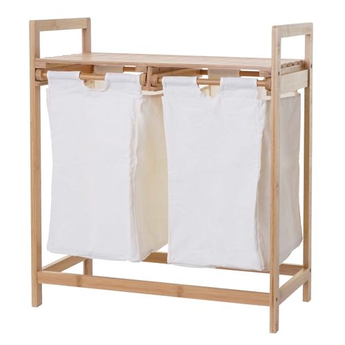 Panier à Linge Trieur à Linge En Bambou 2 Compartiments 74x64x33cm 70l Blanc 04_0001293