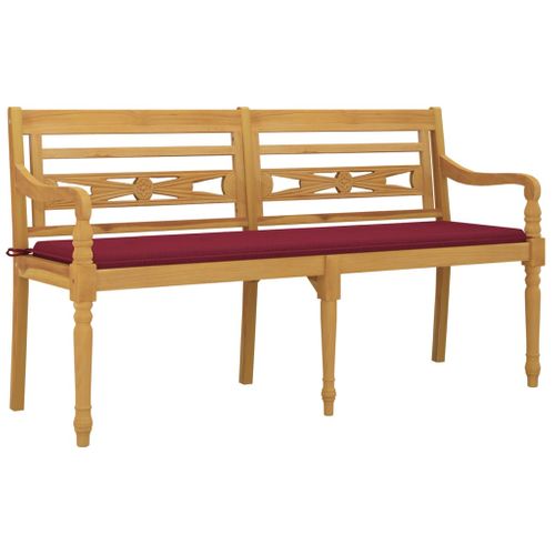 Banc De Jardin Meuble De Patio D'extérieur Terrasse Avec Coussin Rouge Bordeaux 150cm Bois Teck