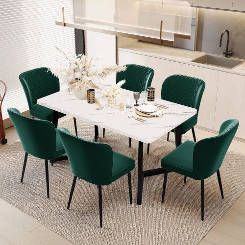 Ensemble De 6 Chaises Moderne De Salle à Manger Rembourrée Avec Dossier, Assise En Velours Vert Fon