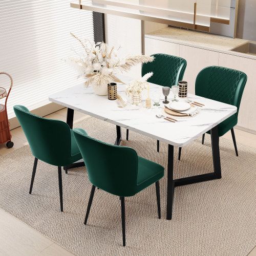 Ensemble De 4 Chaises Moderne De Salle à Manger Rembourrée Avec Dossier, Assise En Velours Vert Fon