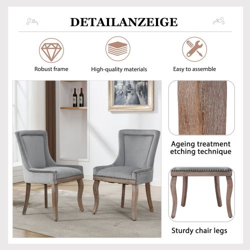 Lot De 6 Chaises De Salon Luxueuse Rembourrée, Pieds En Bois Massif Et En Velours, Gris