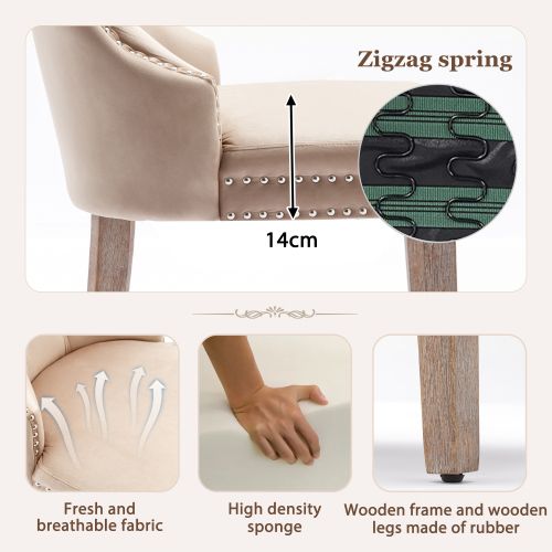 Lot de 6 Chaises de salle à manger rembourrée, pieds en bois massif, revêtement en velours, beige