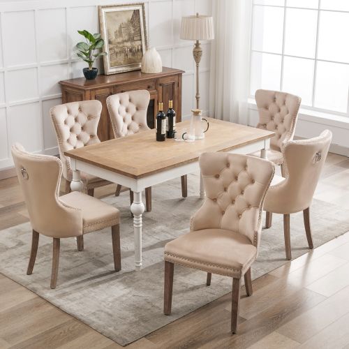 Lot de 6 Chaises de salle à manger rembourrée, pieds en bois massif, revêtement en velours, beige
