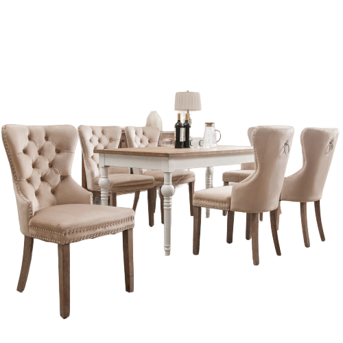 Lot de 6 Chaises de salle à manger rembourrée, pieds en bois massif, revêtement en velours, beige