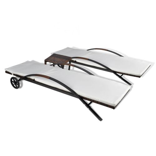 Lot De Deux Chaises Longues Transat 200 Cm Avec Table Résine Tressée Marron 02_001191