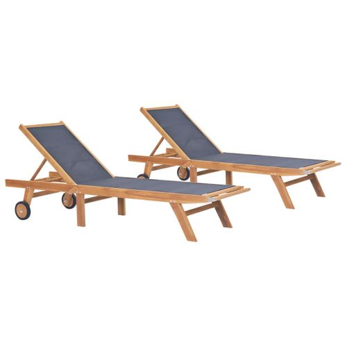Chaises Longues Transat Pliables Avec Roulettes 2 Pièes Teck Et Textilène 02_0011955