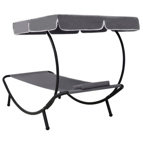 Lit De Repos Transat Chaise Longue D'extérieur 200 Cm Avec Auvent Et Oreiller Gris 02