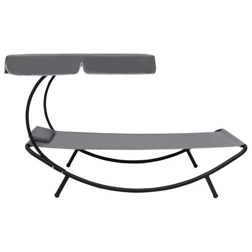 Lit De Repos Transat Chaise Longue D'extérieur 200 Cm Avec Auvent Et Oreiller Gris 02