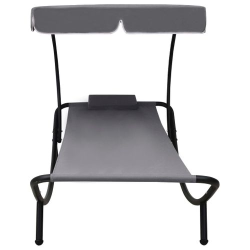 Lit De Repos Transat Chaise Longue D'extérieur 200 Cm Avec Auvent Et Oreiller Gris 02