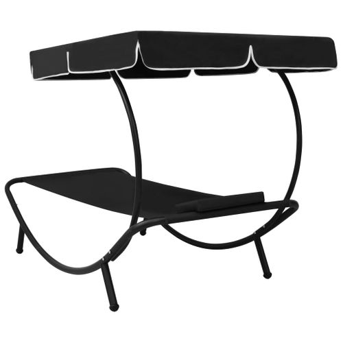 Lit De Repos Transat Chaise Longue D'extérieur 200 Cm Avec Auvent Et Oreiller Noir 02