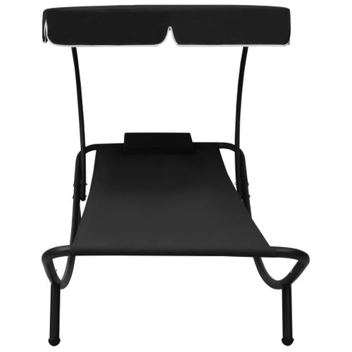 Lit De Repos Transat Chaise Longue D'extérieur 200 Cm Avec Auvent Et Oreiller Noir 02
