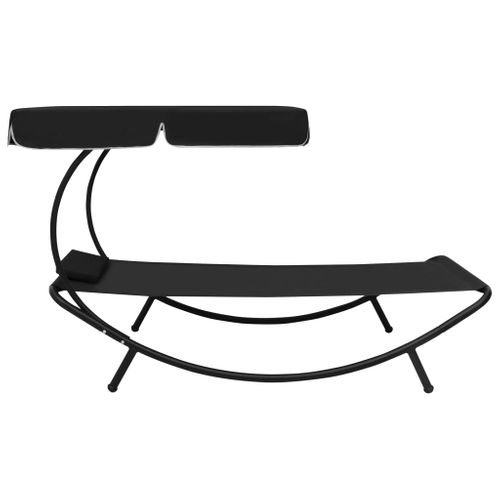 Lit De Repos Transat Chaise Longue D'extérieur 200 Cm Avec Auvent Et Oreiller Noir 02