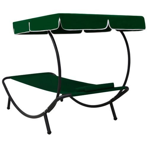 Lit De Repos Transat Chaise Longue D'extérieur 200 Cm Avec Auvent Et Oreiller Vert 02